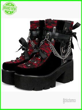 Victorian Lace Platform Goth Boots Chunky High Heels Lace-Up Combat Ankle